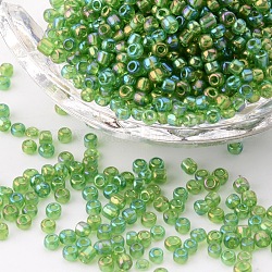 (servicio de reempaquetado disponible) perlas redondas de vidrio, colores transparentes arco iris, redondo, verde oscuro, 8/0, 3mm, aproximamente 12 g / bolsa
