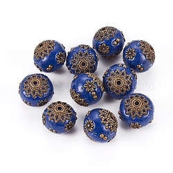Handmade Indonesia Beads, with Antique Bronze Metal Color Alloy Cores, Round, Dark Blue, 13~14x14~16mm, Hole: 1~1.5mm