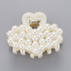 Pinzas para el cabello de la garra de plástico, con perlas de imitación de plástico abs y fornituras de hierro, corazón, blanco, 30.5x39.5x26mm