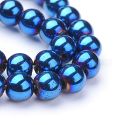 Non magnetici perle ematite sintetico fili, grado a, tondo, blu placcato, 6mm, Foro: 1.5~2 mm, circa 65~70pcs/filo