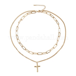 Placcatura sottovuoto 304 collana multistrato a doppia catena in acciaio inossidabile con ciondoli a croce da donna, oro, 16.34 pollice (41.5 cm)