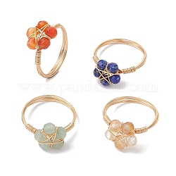 4 anillo de dedo de estrella de piedras preciosas naturales mezcladas de 4 estilos., conjunto de anillos de envoltura de alambre de latón, diámetro interior: 17.5~18 mm, 1pc / estilo