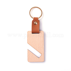 Porte-clés pendentif en bois et simili cuir, avec des anneaux de fer, rectangle, 12 cm
