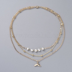 3 geschichtete Halsketten, mit natürlichen Perlen, Messingketten und Anhänger, Walschwanz Form, weiß, echtes 18k vergoldet, 14.17 Zoll (36 cm)