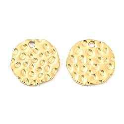 304 Stainless Steel Pendants, Textured, Flat Round Charm, Real 18K Gold Plated, 15x1mm, Hole: 1.8mm