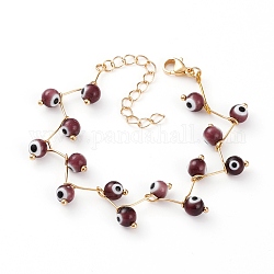 Handmade Evil Eye Lampwork  Beaded Bracelets, with 304 Stainless Steel Ball Head Pins and Lobster Claw Clasps, Round, Golden, Purple, 6-3/8 inch(16.2cm)