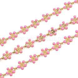 Goldene Messing-Emaille-Gliederkette, langlebig plattiert, mit Spule, ungeschweißte, Blume, neon rosa , 9x6x1 mm, 32.8 Fuß (10m)/Rolle