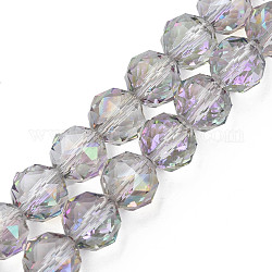 Placcare trasparente perle di vetro fili, sfaccettato, tondo, viola, 10x8.5mm, Foro: 1.2 mm, circa 60pcs/filo, 20.47 pollice (52 cm)