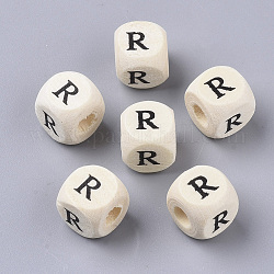 Printed Natural Wood Beads, Horizontal Hole, Cube with Initial Letter, PapayaWhip, Letter.R, 10x10x10mm, Hole: 3.5mm, about 1000pcs/500g