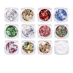 12 colori brillanti accessori per decorazioni per unghie per natale, con glitter in polvere e paillettes, unghie scintillanti fai-da-te, colore misto, polvere: 0.1~0.5x0.1~0.5 mm, paillettes: 0.5~5x0.5~5 mm, circa 0.8 g / scatola