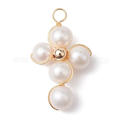 Grade A Natural Cultured Freshwater Pearl Pendants, Eco-Friendly Light Gold Plated Copper Wire Wrapped Cross Charms, Seashell Color, 30x17x8mm, Hole: 3mm