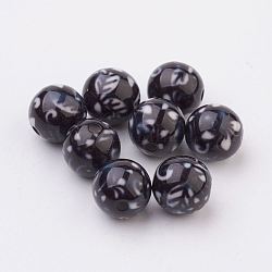 Rociar perlas de resina pintadas, con el patrón de la hoja, redondo, negro, 10mm, agujero: 2 mm