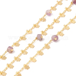 Natural Amethyst Column Beaded Chains, with Brass Paperclip Chains and Star Charm, Soldered, with Spool, Lead Free & Cadmium Free, Golden, 2x1x0.5mm, 5x3x1mm