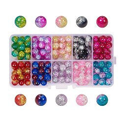 10 colore perle di vetro crackle trasparenti rotonde, colore misto, 8mm, Foro: 1.3~1.6 mm, circa 180~200 pc / scatola