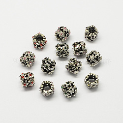 Hollow Flower Alloy Rhinestone Large Hole European Beads, Antique Silver, Mixed Color, 10x10mm, Hole: 5mm