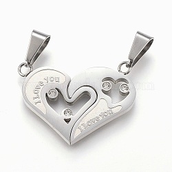 304 Stainless Steel Rhinestone Split Pendants, Heart with Word I Love You, For Valentine's Day, Stainless Steel Color, 23x30x2mm, Hole: 5x10mm