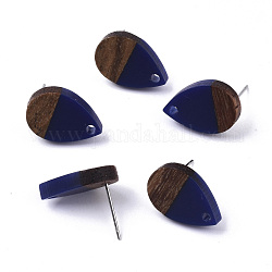 Accessoires de boucles d'oreilles en résine et bois de noyer, avec épingle en 304 acier inoxydable, larme, bleu foncé, 17x11mm, Trou: 1.8mm, pin: 0.7 mm