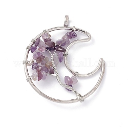 Moon Natural Amethyst Copper Wire Wrapped Chip Big Pendants, Tree of Life Charm, with Platinum Tone Iron Findings, 57x51x8mm, Hole: 6.2mm