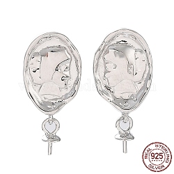 Accessoires pour boucles d'oreilles en argent sterling rhodié 925, avec coque et tampon s925, pour perles semi-percées, ovale avec une femme, Platine plaqué réel, 18.5x8.5mm, broches: 0.6mm et 0.7mm