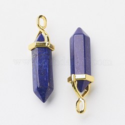Natural Lapis Lazuli Double Terminated Pointed Pendants, with Random Alloy Pendant Hexagon Bead Cap Bails, Golden, Bullet, Dyed, 37~40x12.5x10mm, Hole: 3x4.5mm