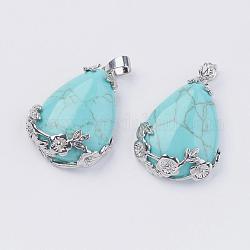Teardrop with Flower Platinum Plated Brass Dyed Synthetic Turquoise Pendants, Cadmium Free & Lead Free, 38x27x9mm, Hole: 4x7.5mm