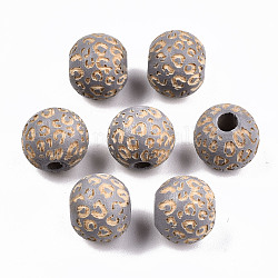 Perles de bois naturel peintes, motif gravé au laser, rond avec imprimé léopard, gris clair, 10x8.5mm, Trou: 2.5mm