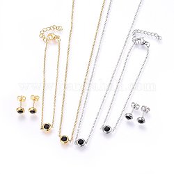Kits de bijoux en 304 acier inoxydable, colliers pendants et boucles d'oreilles et bracelets, avec des strass, plat rond, noir, couleur mixte, 16.54 pouce (42 cm), 6-3/4 pouce (17 cm), 6.5x3.5mm, pin: 0.8 mm