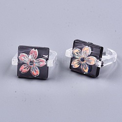 Transparent Resin Cuff Rings, Open Rings, AB Color Plated, Square with Sakura, Black, US Size 8 1/2(18.5mm)