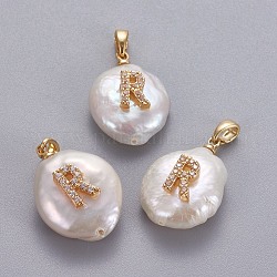 Natural Cultured Freshwater Pearl Pendants, with Brass Micro Pave Cubic Zirconia Findings, Nuggets with Letter, Long-Lasting Plated, Golden, Clear, Letter.R, 17~27x12~16x6~12mm, Hole: 4x2.5mm