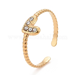 Crystal Rhinestone Heart Open Cuff Ring, 304 Stainless Steel Jewelry for Womeb, Golden, 2~6.5mm, Inner Diameter: 18mm