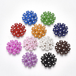 Spray Painted Alloy Cabochons, with Rhinestone, Flower, Silver Color Plated, Mixed Color, 25x8~9mm