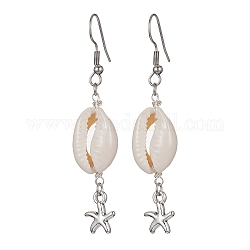 Natural Shell Dangle Earrings, Tibetan Style Alloy Long Drop Earrings with 304 Stainless Steel Pins, Starfish, 63x12.7mm