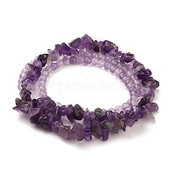 Three Loops Stretch Wrap Bracelets, with Natural Amethyst Beads, Round & Chip, 22.04 inch(56cm)