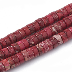 Fili di perle di diaspro imperiale sintetico, perline Heishi, Rotondo piatto / disco, rosso, 6~6.5x3~3.5mm, Foro: 1 mm, circa 113pcs/filo, 15.5 pollice