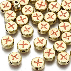 Legierung Emaille-Perlen, cadmiumfrei und bleifrei, flach rund mit Kreuz, Licht Gold, Koralle, 8x4 mm, Bohrung: 1.5 mm