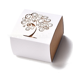 Boîtes de bonbons en papier, boîte de cadeau de fête de mariage, carré avec arbre de vie creux, blanc, 6.2x6.5x3.9 cm