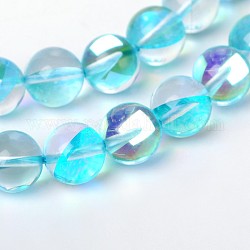 Synthetical Moonstone Round Beads Strands, Holographic Beads, Dyed, Cyan, 10mm, Hole: 1mm, about 38pcs/strand, 15.7 inch