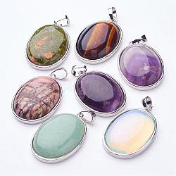 Natural & Synthetic Mixed Stone Pendants, with Alloy Finding Settings, Oval, Platinum Metal Color, 35x24x8mm