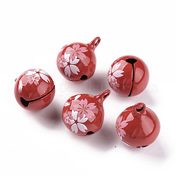 Cuisson pendentifs de cloche en laiton peint, balle avec sakura, rouge, 23x18x18mm, Trou: 2.5mm