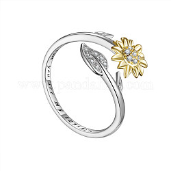 SHEGRACE Adjustable 925 Sterling Silver Cuff Rings, Open Rings, with Clear Grade AAA Cubic Zirconia, Sunflower with Leaf, Word You Are My Sunshine, Platinum & Golden, Inner Diameter: 20mm