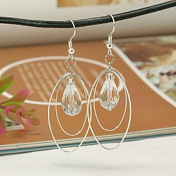 Trendy Glass Teardrop Dangle Earrings, with Brass Oval Rings and Brass Earring Hooks, Clear, 65mm