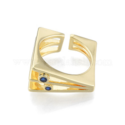 Cubic Zirconia Square Triple Layer Open Cuff Ring, Real 18K Gold Plated Brass Jewelry for Women, Nickel Free, Medium Blue, US Size 6 1/4(16.7mm)