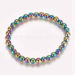 Bracelet extensible perlé en hématite synthétique non magnétique électroplaqué, ronde, multi-couleur plaquée, 2-1/8 pouce (5.4 cm), perle: 6 mm