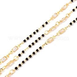 Catene di perline in ottone fatte a mano da 3.28 piedi, con maglie di zirconi rettangolari e perle di vetro a colonna, placcato di lunga durata, saldato, oro, nero, link: 10x2.5x1.5 mm, 1.5x1.5mm