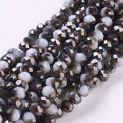 Electroplate Glass Faceted Rondelle Beads Strands, Imitation Jade, Half Plated, Black, 4x3mm, Hole: 1mm, about 123~127pcs/strand, 16.5~16.9 inch(42~43cm)