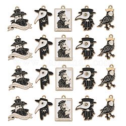 25Pcs 5 Styles Gothic Alloy Pendant, with Enamel, Light Gold, Crow Doctor Charm, Black, 25~26.5x16~24.5x1.5mm, Hole: 2mm, 5pcs/style