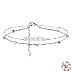 Rhodium Plated 925 Sterling Silver Double Layered Chain Anklet with Natural Freshwater Pearls, Women's Jewelry for Summer Beach, with S925 Stamp, Real Platinum Plated, 8-5/8 inch(22cm)