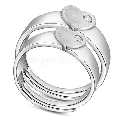 Регулируемые кольца для пары shegrace 925 из стерлингового серебра, с кубического циркония, сердце, платина, Размер 9, 19.1 мм, Размер 7, 17.7 мм, 2 шт / комплект