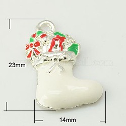 Alloy Enamel Pendants, Cadmium Free & Lead Free, Christmas Stockings for Holiday Jewelry Making, Silver Color Plated, White, 23x14x2.5mm, Hole: 2mm