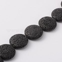 Brins de perles de pierre de lave naturelle, plat rond, teinte, noir, 20~21.5x7~8mm, Trou: 1mm, Environ 19 pcs/chapelet, 15.35 pouce